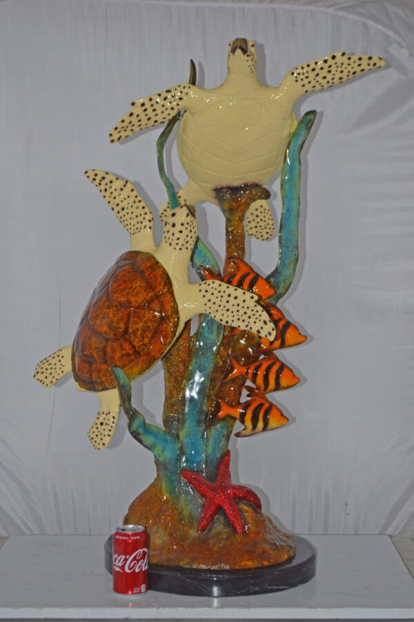 Two Turtles Swimming with Clown Fish Bronze Statue - Size: 18"L x 31"W x 42"H. - Image 13