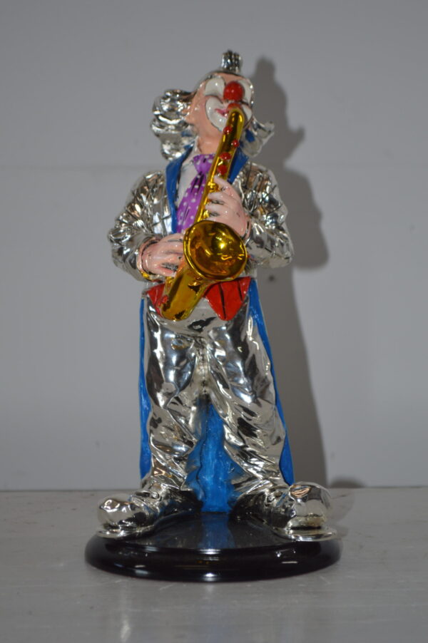 Clown Plays the Saxophone Resin Statue Silver finish - Size: 6"L x 6"W x 14"H. - Image 3