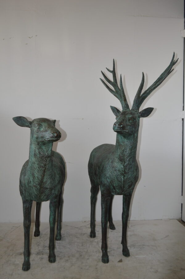Pair of life size deer bronze statue with Green Patina - Size: 17" x 44" x 52"H. - Image 10