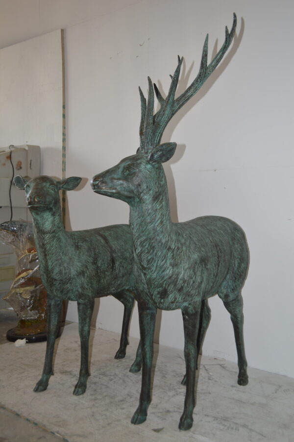 Pair of life size deer bronze statue with Green Patina - Size: 17" x 44" x 52"H. - Image 12