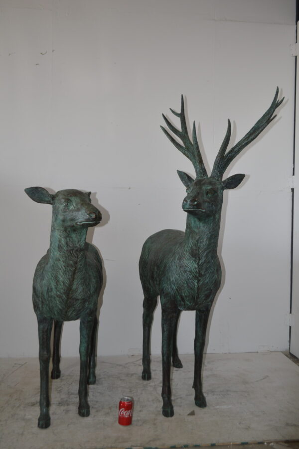 Pair of life size deer bronze statue with Green Patina - Size: 17" x 44" x 52"H. - Image 13