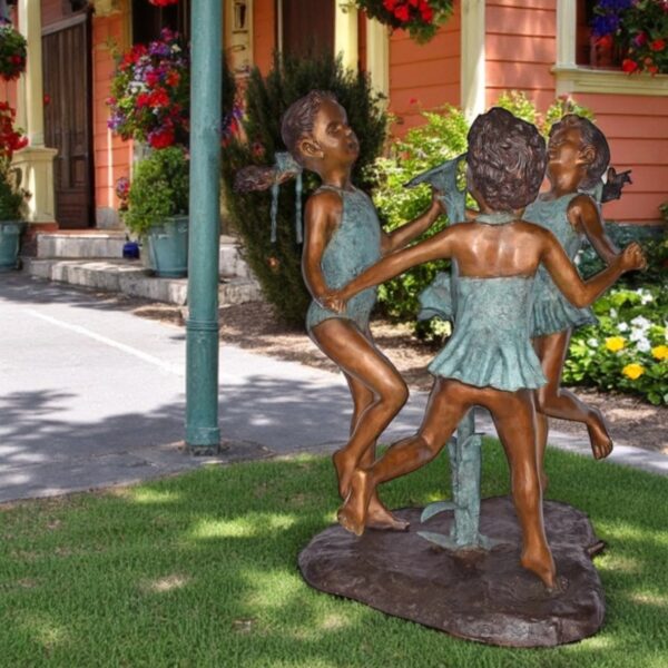 Three Girls Dancing Around Water Fountain Bronze Statue - Size: 35" x 24" x 38"H - Image 3