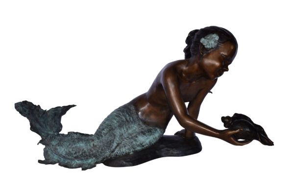 A Little Mermaid Holding A Shell Bronze Fountain Art Nude: 15" x 37" x 20"H - Image 2