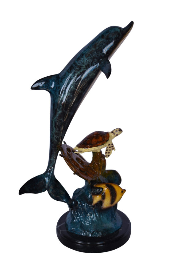 Dolphin with A Turtle, Anchor and Fish Bronze Statue - Size: 6"L x 10"W x 19"H.