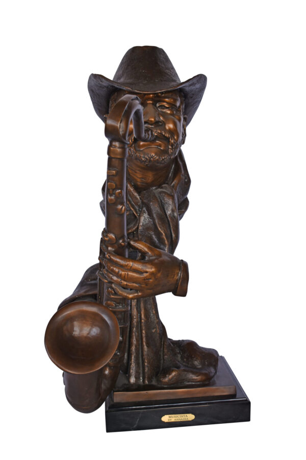 Musicista By Arnadia, Bust of Saxophone Player Bronze Statue -  15" x 18"x 32"H