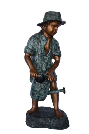 Standing Boy with Watering Can Bronze Statue - Size: 15"L x 15"W x 39"H.