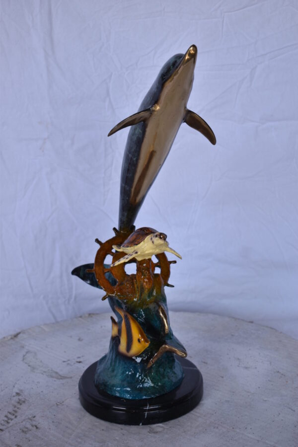 Dolphin with A Turtle, Anchor and Fish Bronze Statue - Size: 6"L x 10"W x 19"H. - Image 2