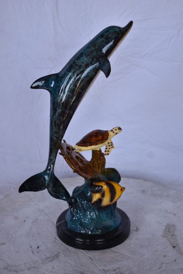 Dolphin with A Turtle, Anchor and Fish Bronze Statue - Size: 6"L x 10"W x 19"H. - Image 4