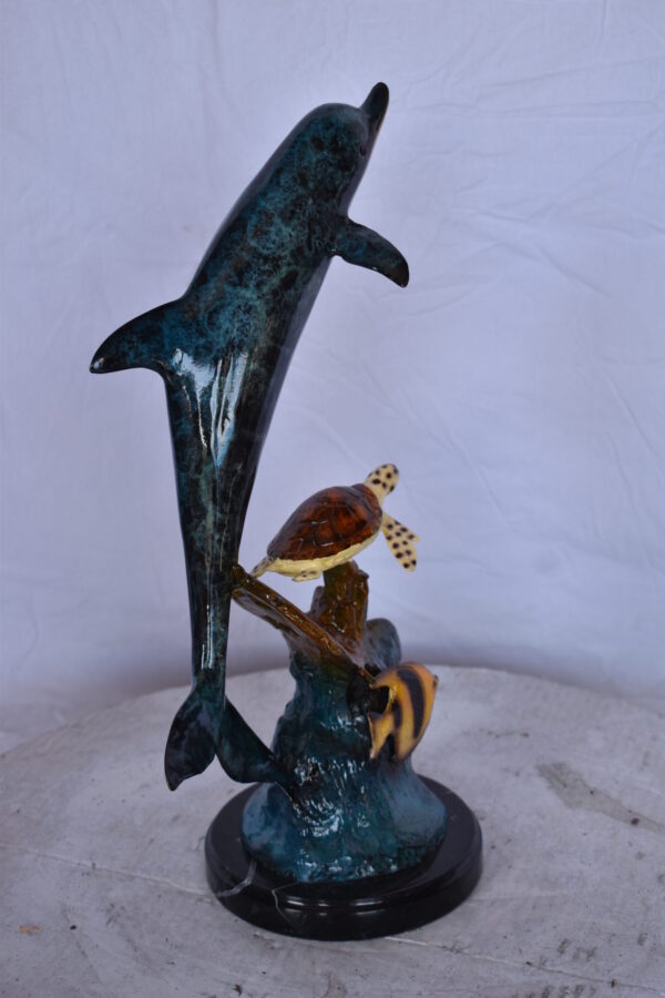 Dolphin with A Turtle, Anchor and Fish Bronze Statue - Size: 6"L x 10"W x 19"H. - Image 5