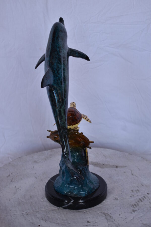 Dolphin with A Turtle, Anchor and Fish Bronze Statue - Size: 6"L x 10"W x 19"H. - Image 6