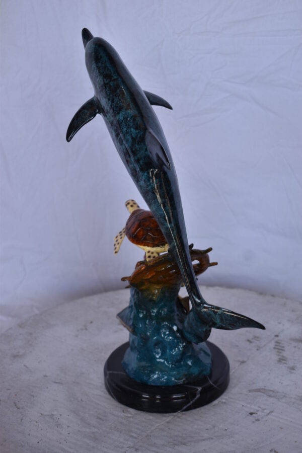 Dolphin with A Turtle, Anchor and Fish Bronze Statue - Size: 6"L x 10"W x 19"H. - Image 7