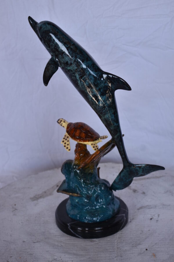 Dolphin with A Turtle, Anchor and Fish Bronze Statue - Size: 6"L x 10"W x 19"H. - Image 8