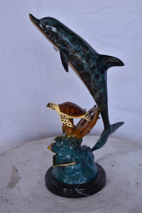 Dolphin with A Turtle, Anchor and Fish Bronze Statue - Size: 6"L x 10"W x 19"H. - Image 9