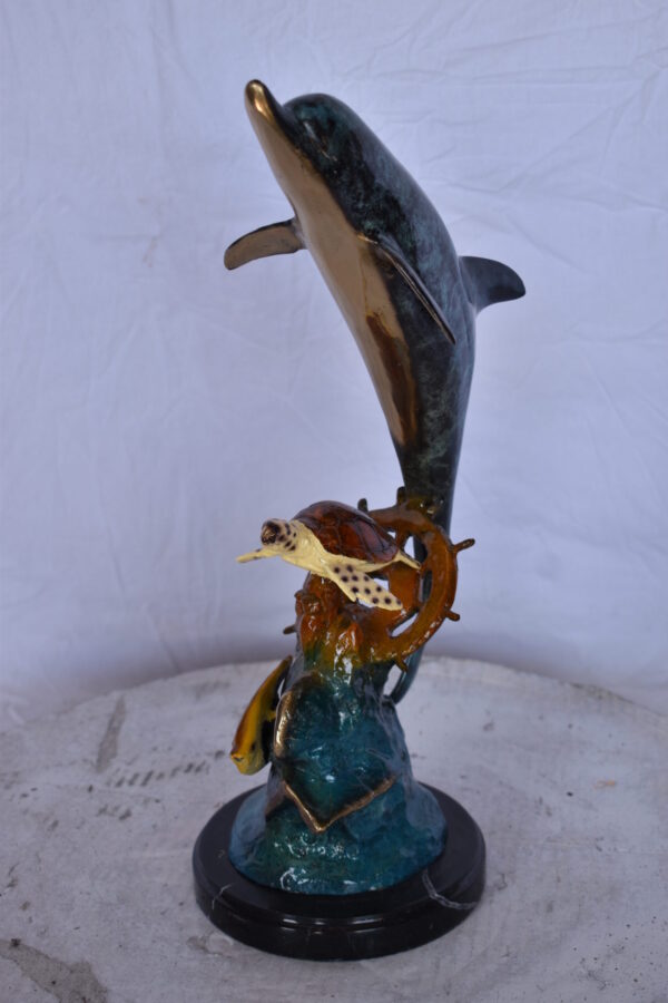 Dolphin with A Turtle, Anchor and Fish Bronze Statue - Size: 6"L x 10"W x 19"H. - Image 10