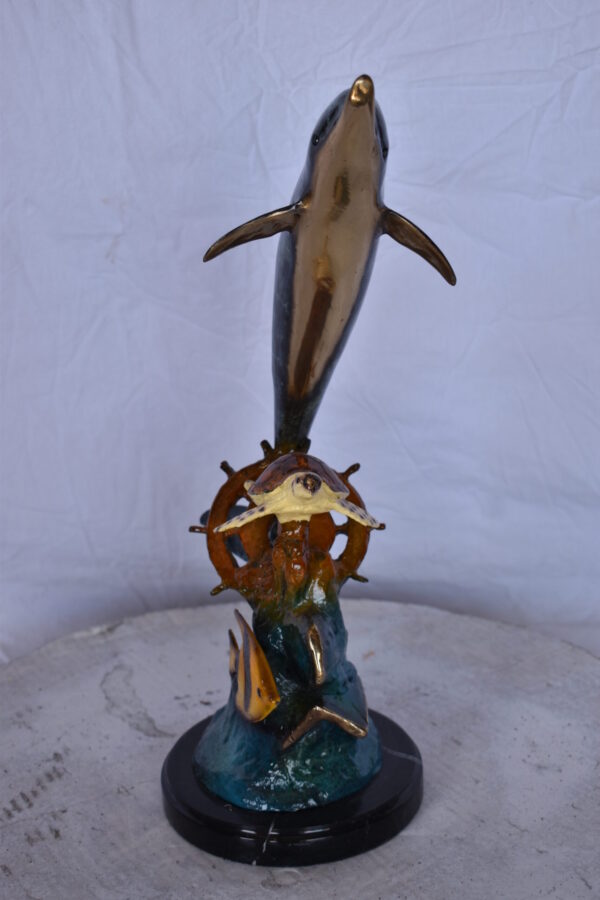 Dolphin with A Turtle, Anchor and Fish Bronze Statue - Size: 6"L x 10"W x 19"H. - Image 11