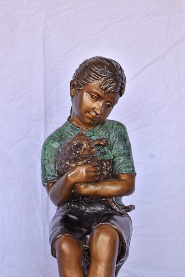 Girl Sitting on A Log with Her Cat Bronze Statue - Size: 15"L x 15"W x 35"H. - Image 3