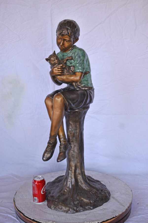 Girl Sitting on A Log with Her Cat Bronze Statue - Size: 15"L x 15"W x 35"H. - Image 4