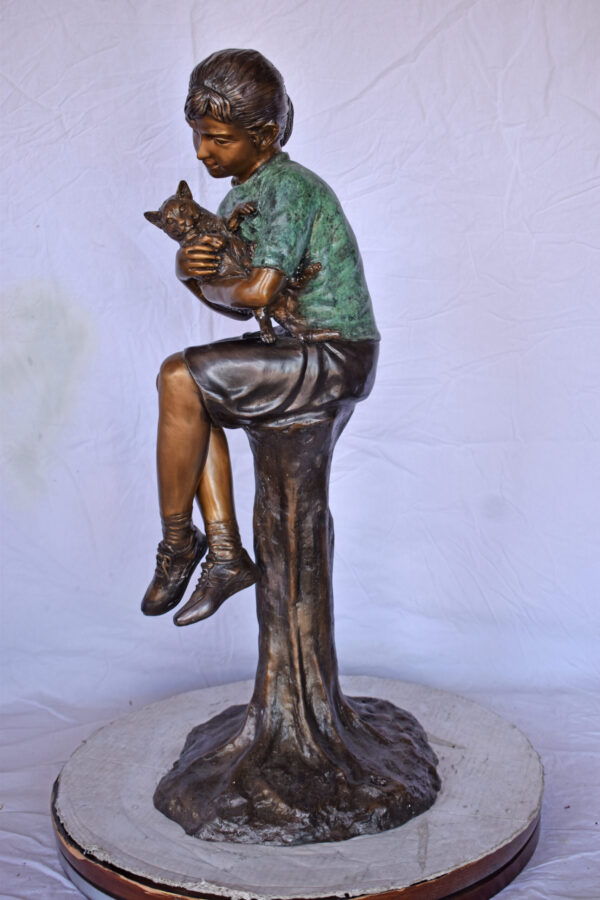 Girl Sitting on A Log with Her Cat Bronze Statue - Size: 15"L x 15"W x 35"H. - Image 5