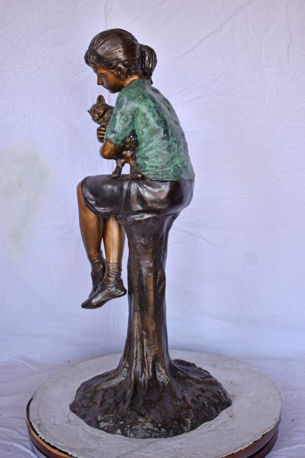 Girl Sitting on A Log with Her Cat Bronze Statue - Size: 15"L x 15"W x 35"H. - Image 6