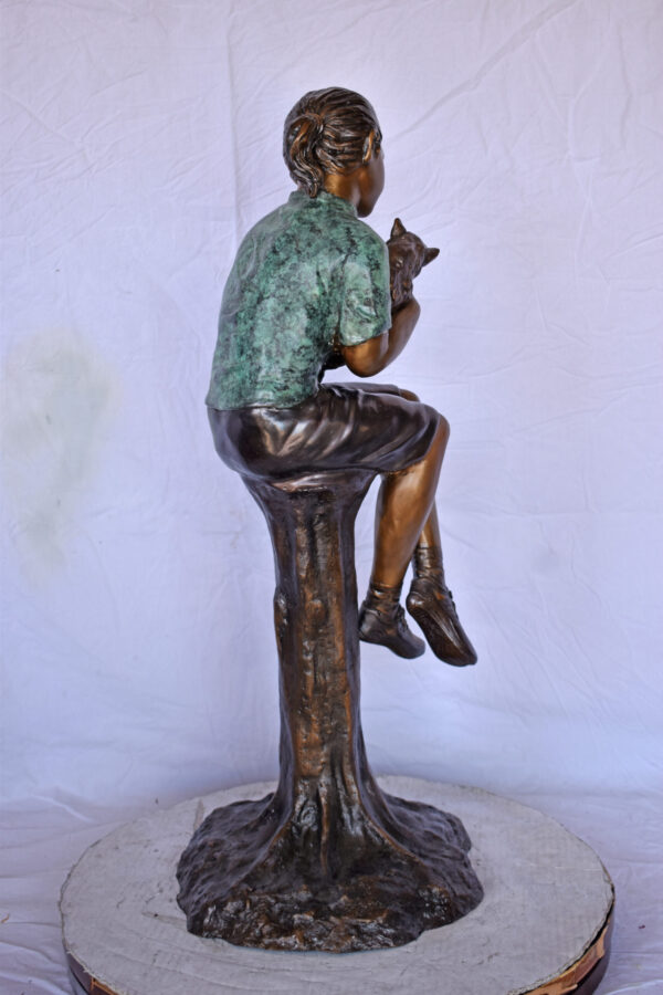 Girl Sitting on A Log with Her Cat Bronze Statue - Size: 15"L x 15"W x 35"H. - Image 7