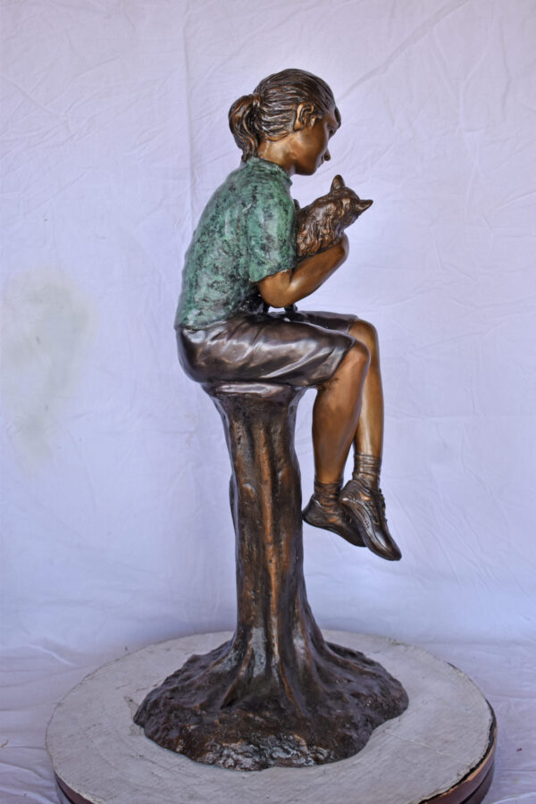 Girl Sitting on A Log with Her Cat Bronze Statue - Size: 15"L x 15"W x 35"H. - Image 8