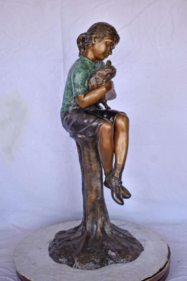 Girl Sitting on A Log with Her Cat Bronze Statue - Size: 15"L x 15"W x 35"H. - Image 9