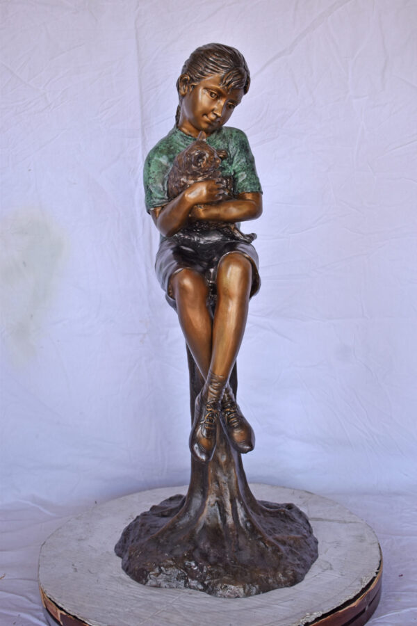 Girl Sitting on A Log with Her Cat Bronze Statue - Size: 15"L x 15"W x 35"H. - Image 10