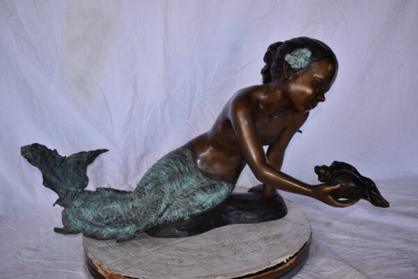 A Little Mermaid Holding A Shell Bronze Fountain Art Nude: 15" x 37" x 20"H - Image 3
