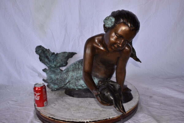 A Little Mermaid Holding A Shell Bronze Fountain Art Nude: 15" x 37" x 20"H - Image 4