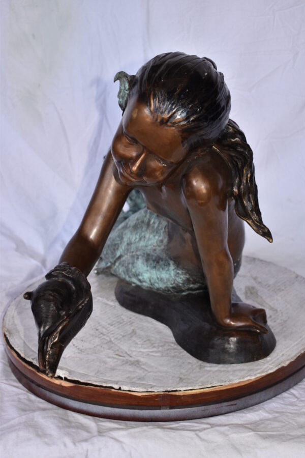 A Little Mermaid Holding A Shell Bronze Fountain Art Nude: 15" x 37" x 20"H - Image 10