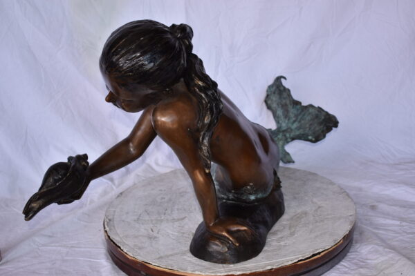 A Little Mermaid Holding A Shell Bronze Fountain Art Nude: 15" x 37" x 20"H - Image 7