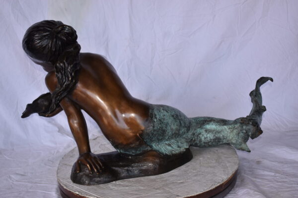 A Little Mermaid Holding A Shell Bronze Fountain Art Nude: 15" x 37" x 20"H - Image 8