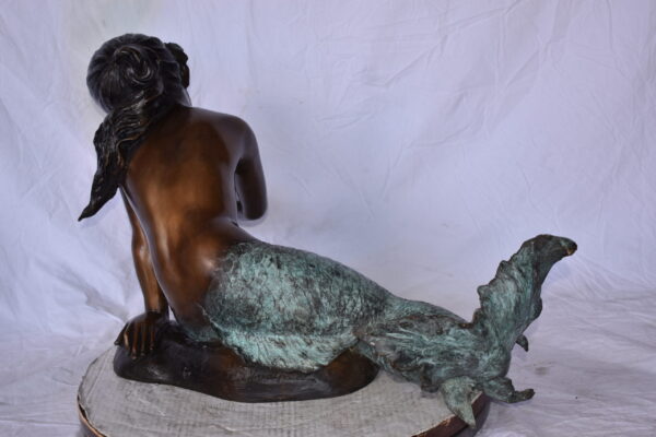 A Little Mermaid Holding A Shell Bronze Fountain Art Nude: 15" x 37" x 20"H - Image 9