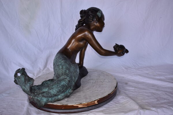 A Little Mermaid Holding A Shell Bronze Fountain Art Nude: 15" x 37" x 20"H - Image 5
