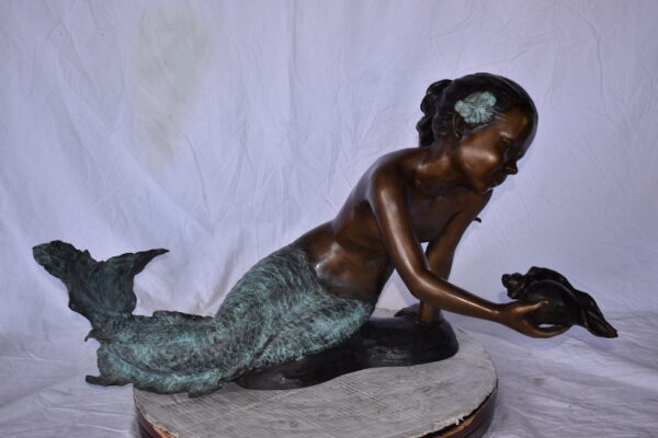 A Little Mermaid Holding A Shell Bronze Fountain Art Nude: 15" x 37" x 20"H - Image 6
