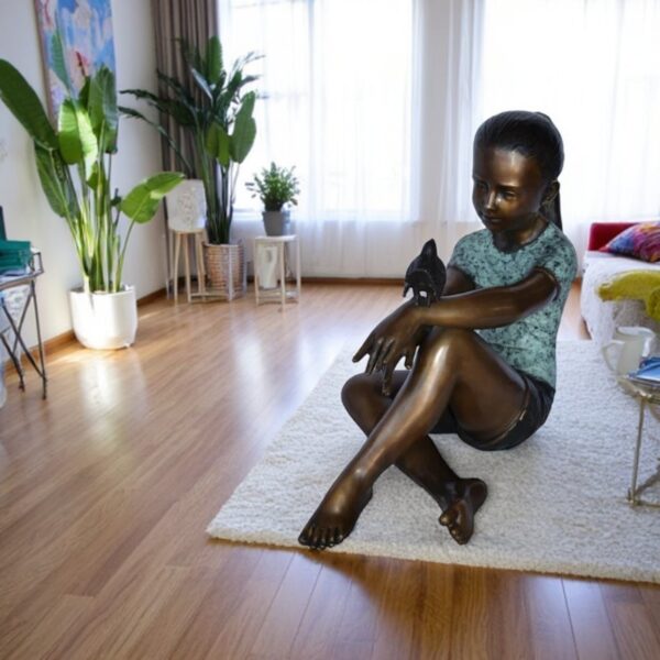 Girl Sitting with A Bird on Her Hand Bronze Statue Size: 23" x 13" x 21"H - Image 2
