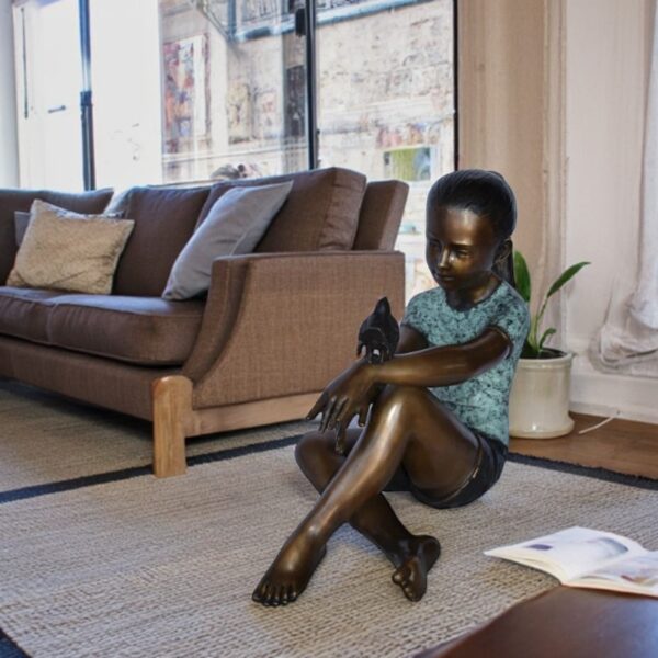 Girl Sitting with A Bird on Her Hand Bronze Statue Size: 23" x 13" x 21"H - Image 3