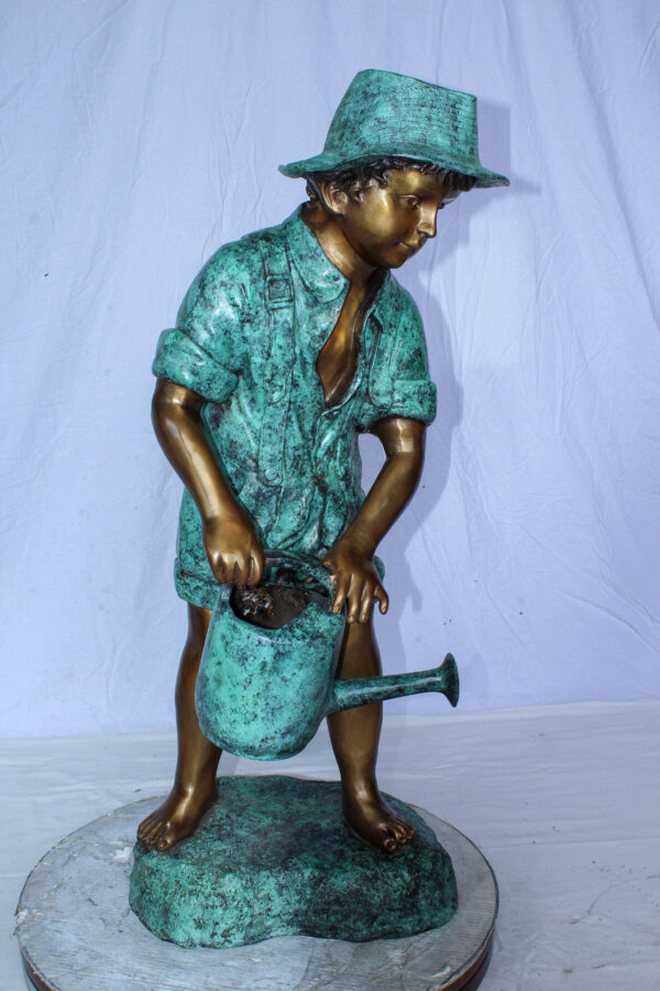 Standing Boy with Watering Can Bronze Statue - Size: 15"L x 15"W x 39"H. - Image 12