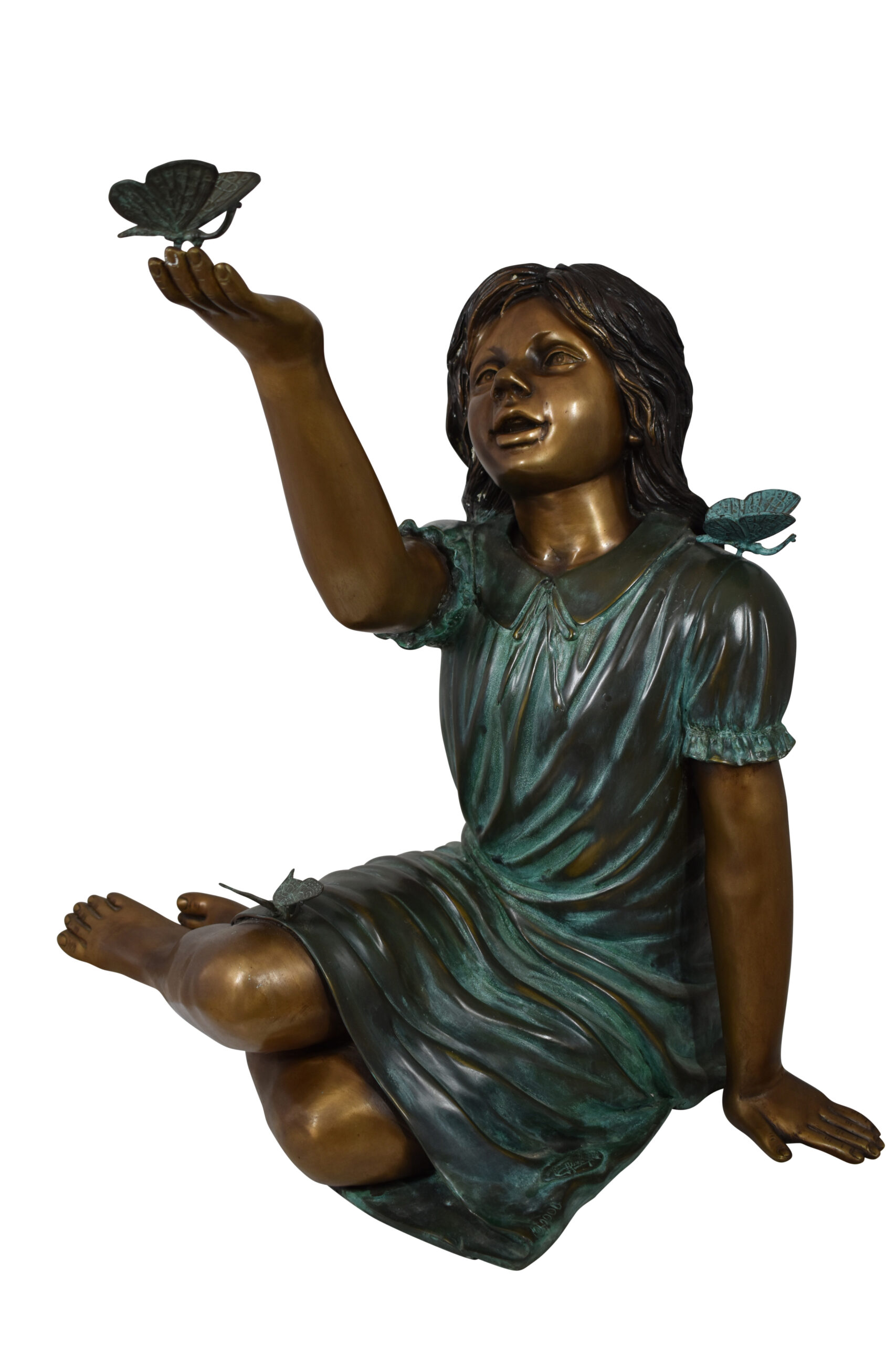 Girl with butterflies, green shirt Bronze Statue Size: 27 x 17 x