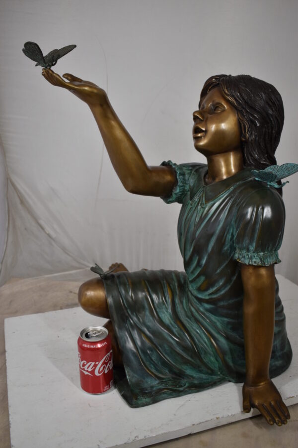 Girl with butterflies, green shirt Bronze Statue Size: 27" x 17" x 24"H - Image 3
