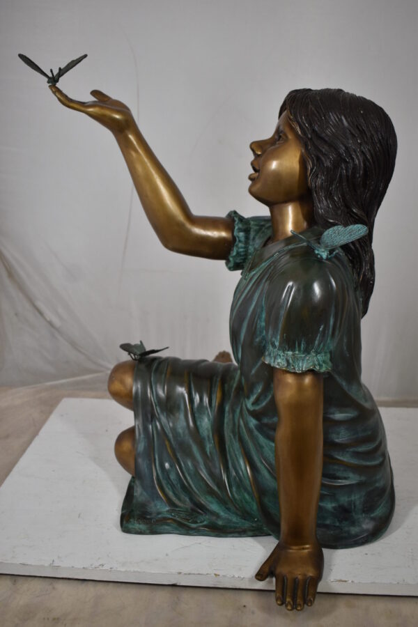 Girl with butterflies, green shirt Bronze Statue Size: 27" x 17" x 24"H - Image 4