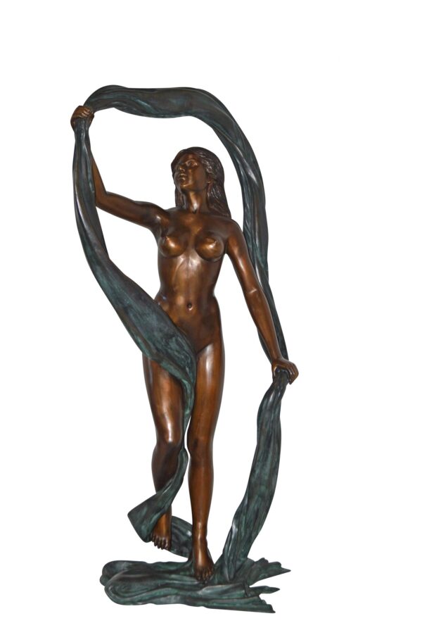 Exotic Fabric Dancer bronze statue Art Nude – Life Size: 18"L x 24"W x 49"H.