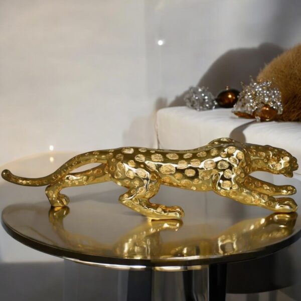 Modern Art of a Gold Jaguar Medium Statue Made of Resin Size: 40" x 7" x 10"H - Image 2