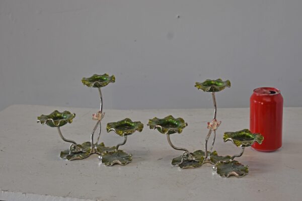 Two Sets of Candle Holders Made of Enameled Metal Size: 8" x 5" x 6"H - Image 3
