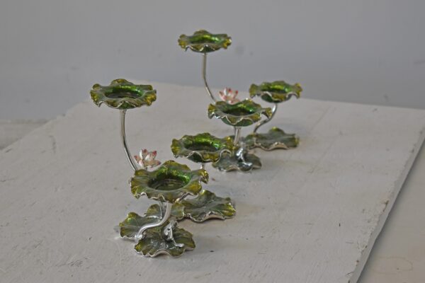 Two Sets of Candle Holders Made of Enameled Metal Size: 8" x 5" x 6"H - Image 10