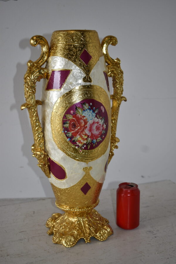 Gold and Flower Adorned Tall Resin Vase Size: 12" x 9" x 21"H - Image 4