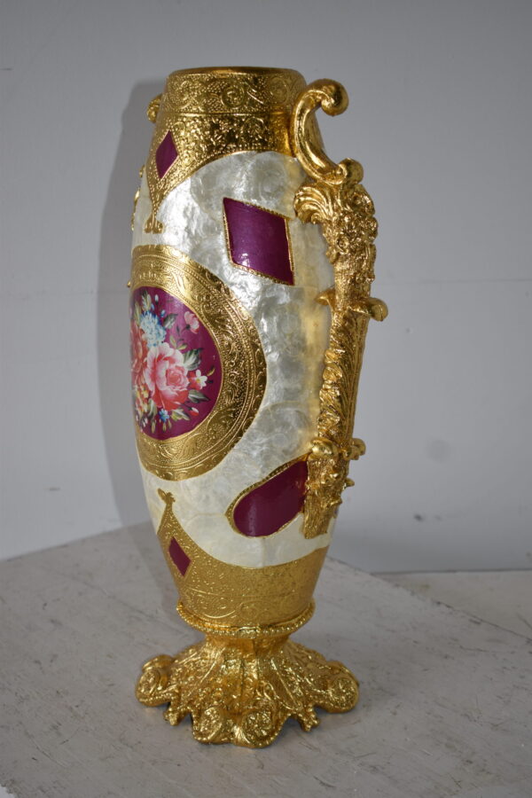 Gold and Flower Adorned Tall Resin Vase Size: 12" x 9" x 21"H - Image 7