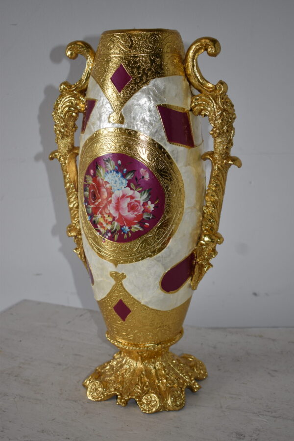 Gold and Flower Adorned Tall Resin Vase Size: 12" x 9" x 21"H - Image 11
