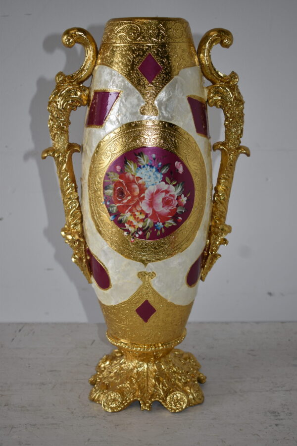 Gold and Flower Adorned Tall Resin Vase Size: 12" x 9" x 21"H - Image 12