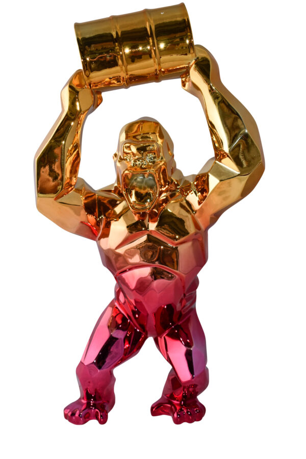 Textile Red and Gold King Kong with A Barrell Statue  Size: 14" x 7" x 24"H